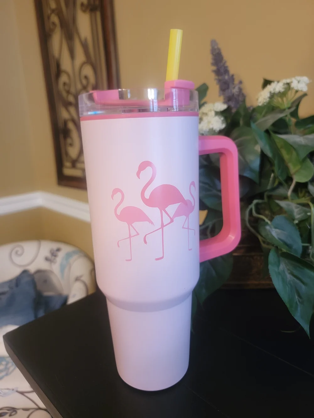 Pink Flamingo Travel Tumbler with Matching Kitchen Towels and Striped Pouch